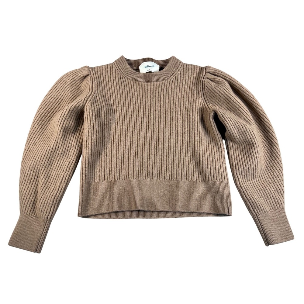 Wilfred Aritzia Tan Brown 100% Merino Wool Puff Sleeve Ribbed Sweater XS 92459